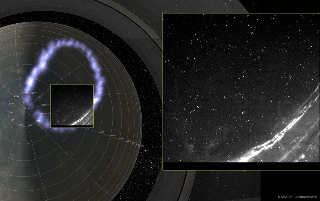 图片显示的木星极区具有极光和闪电。请参阅说明。