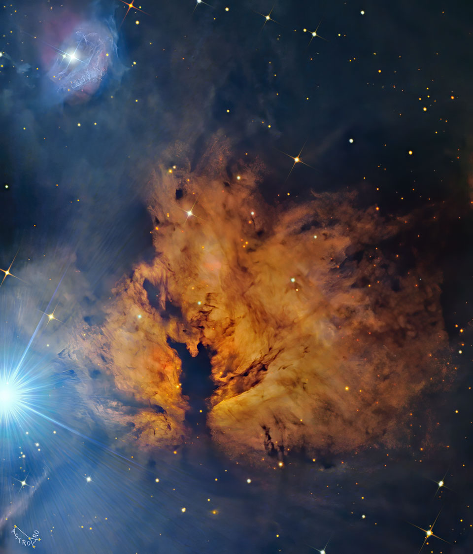 这是火焰星云中心的一张图片，左边是明亮的参宿一。更多详情，请参阅说明。