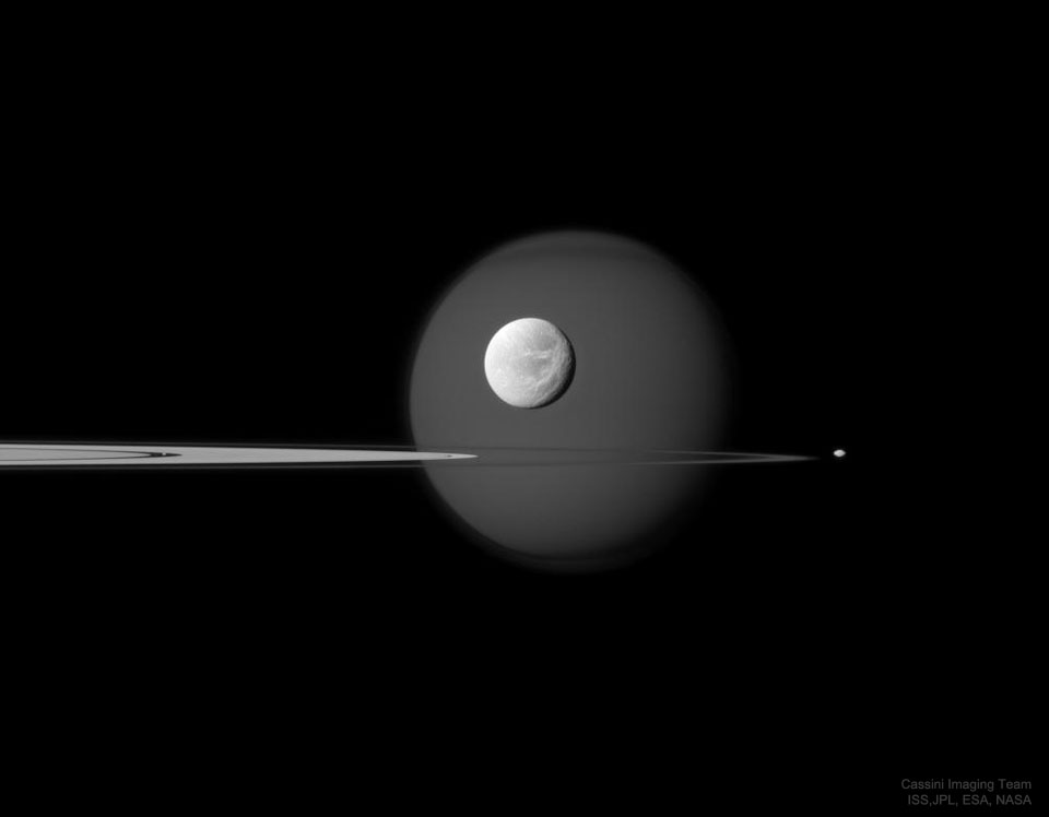 图为土星环和土星的四个卫星几乎在同一直线。请参阅说明。