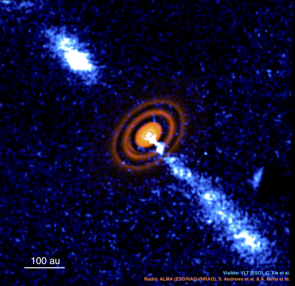 图片显示了由ALMA和VLT捕获的恒星形成系统HD 163296，包括一个拱星盘和两个喷流。有关更多详细信息，请参阅说明。