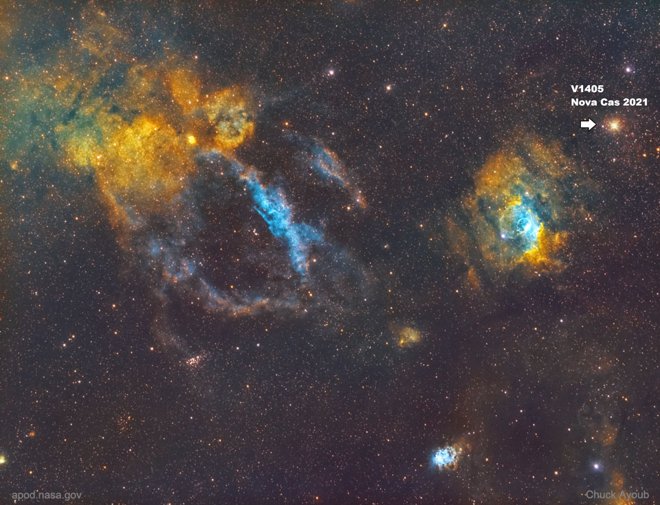 仙后座的深层图像显示了2021年3月出现的瞬态仙后新星。有关更多详细信息，请参阅说明。