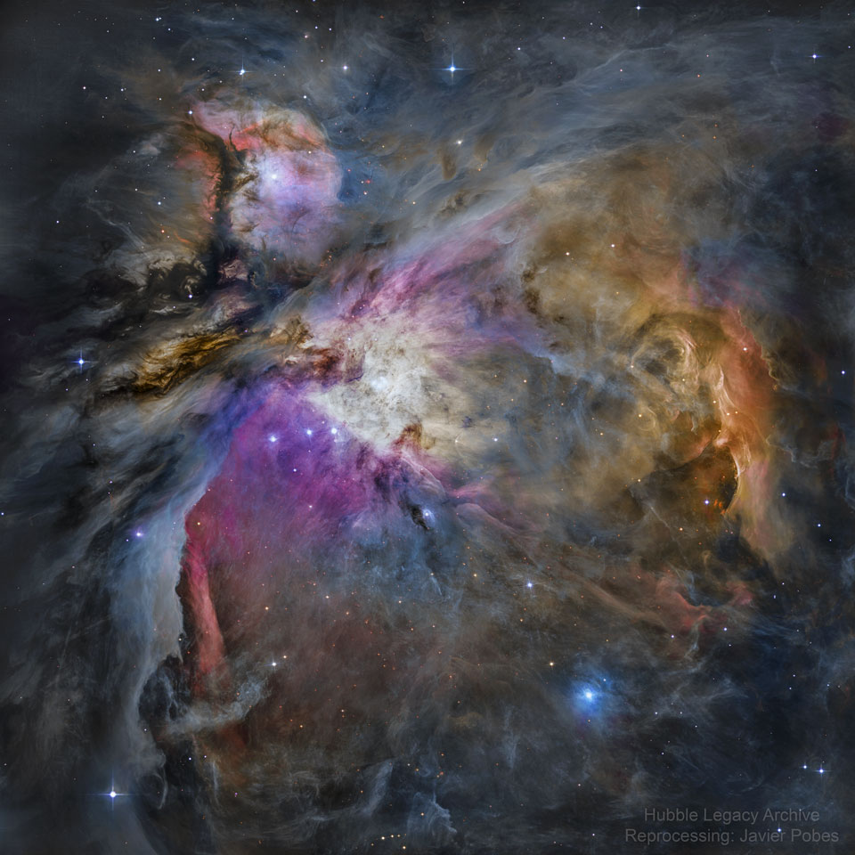 图为哈勃太空望远镜拍摄的猎户座星云内部。有关更多详细信息，请参阅说明。