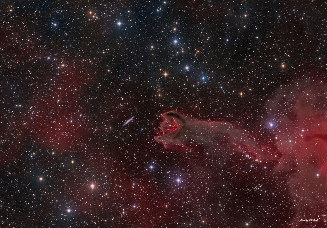 图为彗星状云球CG4。有关更多详细信息，请参阅说明。