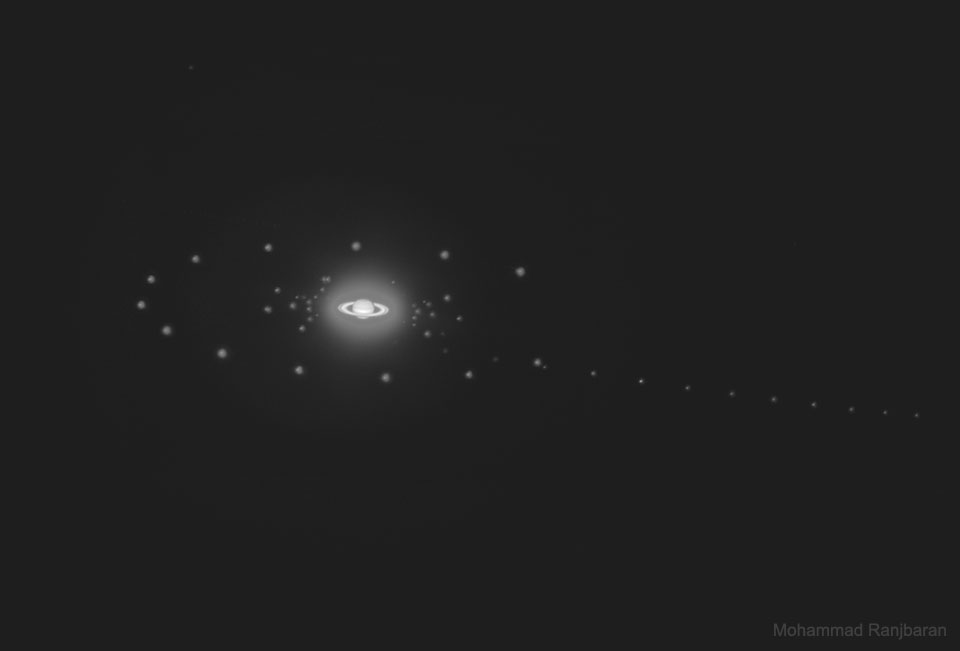 这张照片显示了土星及其多个卫星的多重曝光。有关更多详细信息，请参阅说明。