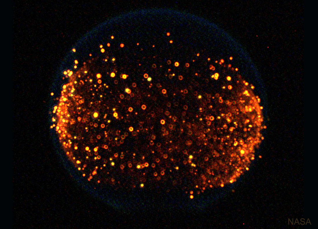 图为太空微重力下球形火焰中发光的烟灰。有关更多详细信息，请参阅说明。丨The picture shows a glowing soot in a spherical flame in the microgravity of space. Please see the explanation for more detailed information.