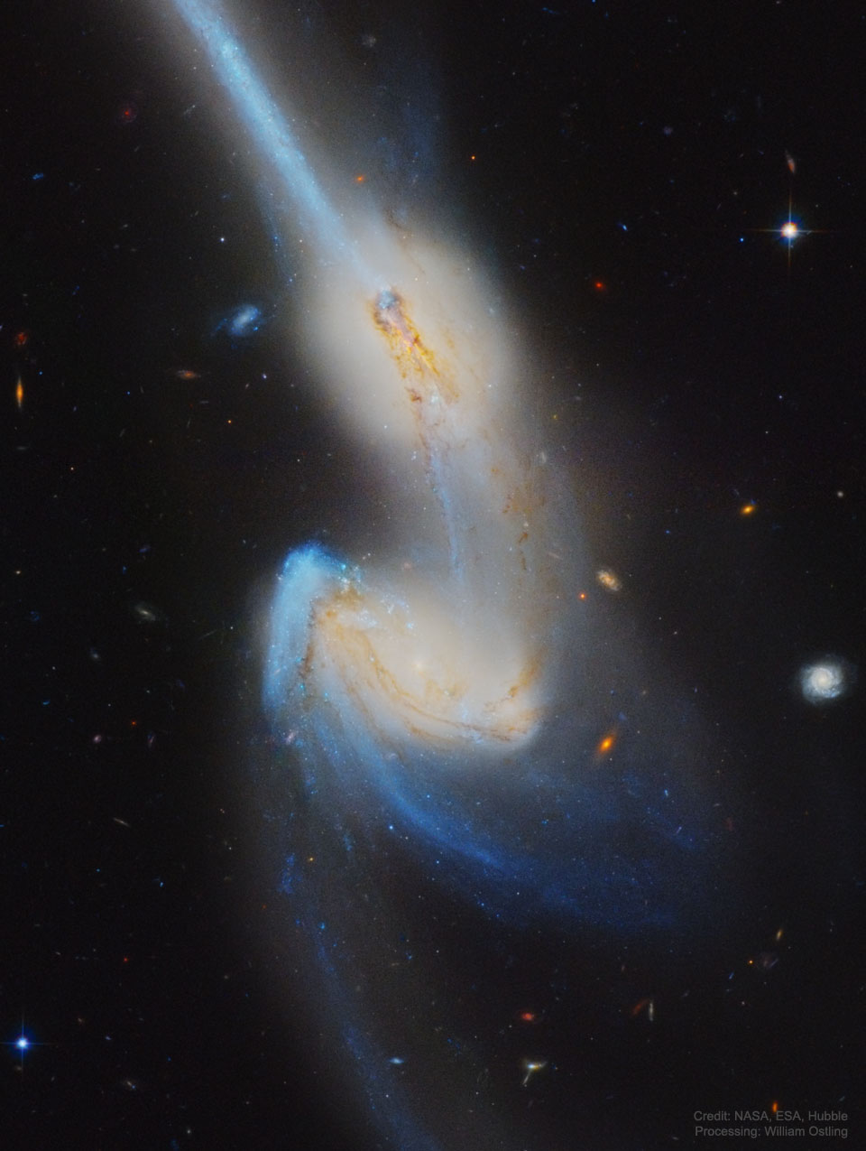 图片显示了碰撞星系NGC 4676的哈勃图像，因其长长的恒星尾巴而被称为“老鼠”。有关更多详细信息，请参阅说明。