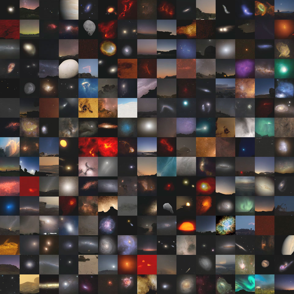 图片显示了使用人工智能伪造的244张天文图像——以及从APOD中选择的一张真实天文图像。有关更多详细信息，请参阅说明。
