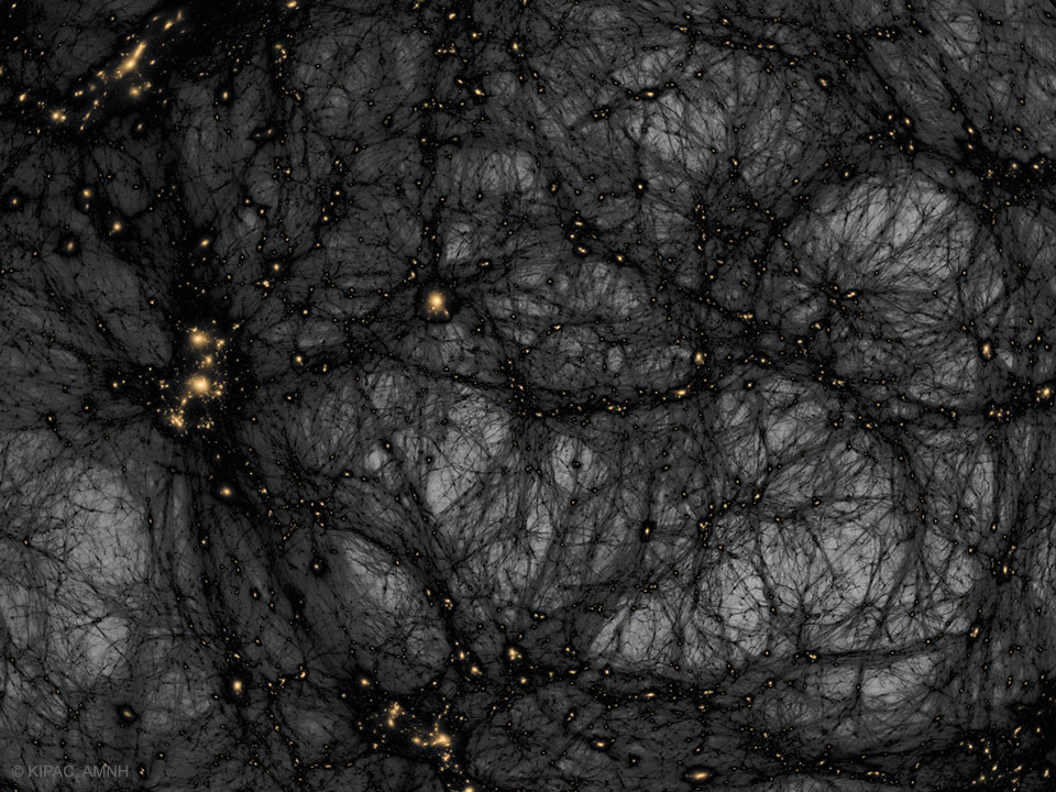 图片显示了我们宇宙中物质分布的计算机模拟，暗物质在浅色背景上以深色显示。有关更多详细信息，请参阅说明。