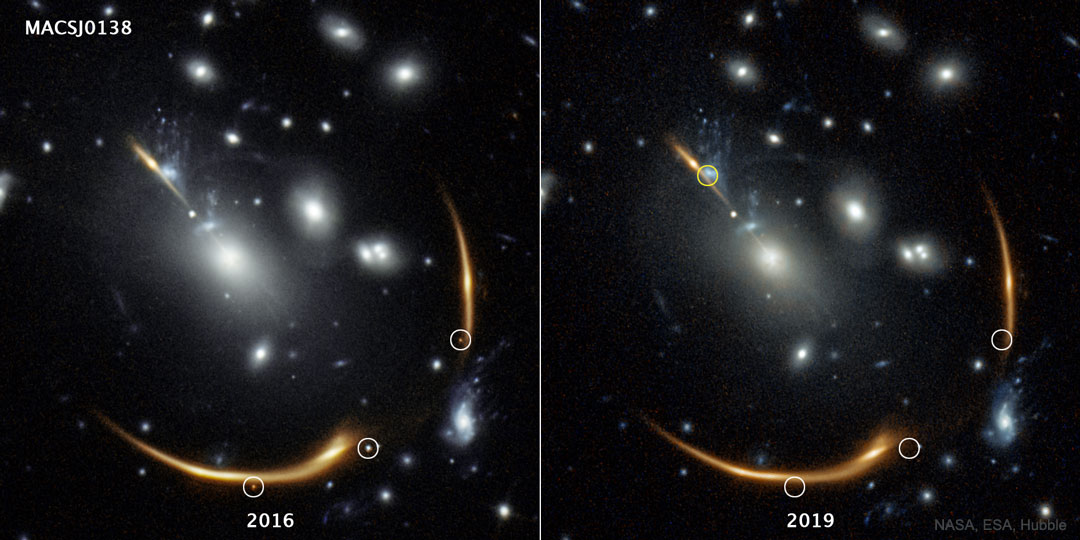 图为两个星系团的图像。一张图片显示了同一个背景超新星的三张图片，而另一张图片显示它们都消失了。有关更多详细信息，请参阅说明。