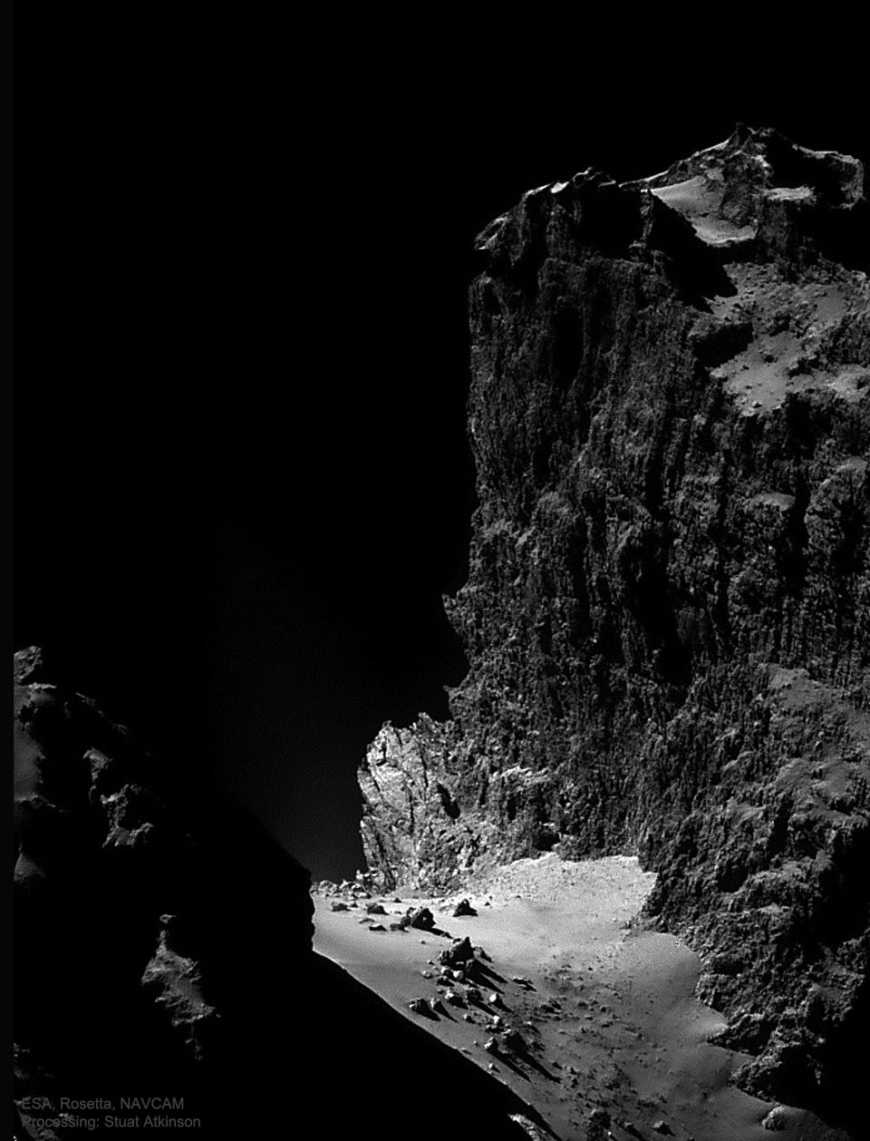 特色图片显示了2014年由欧空局的罗塞塔航天器拍摄的丘泽彗星上出现的一公里高的悬崖。
有关更多详细信息，请参阅说明。