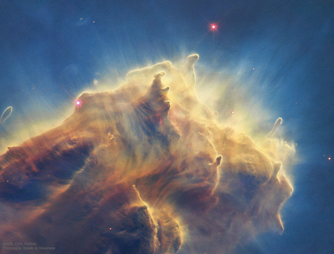 这张特色图片显示了鹰状星云尘埃柱末端的明亮小球。这些被称为EGGS的小球很可能会形成恒星。请参阅说明以获取更多详细信息。