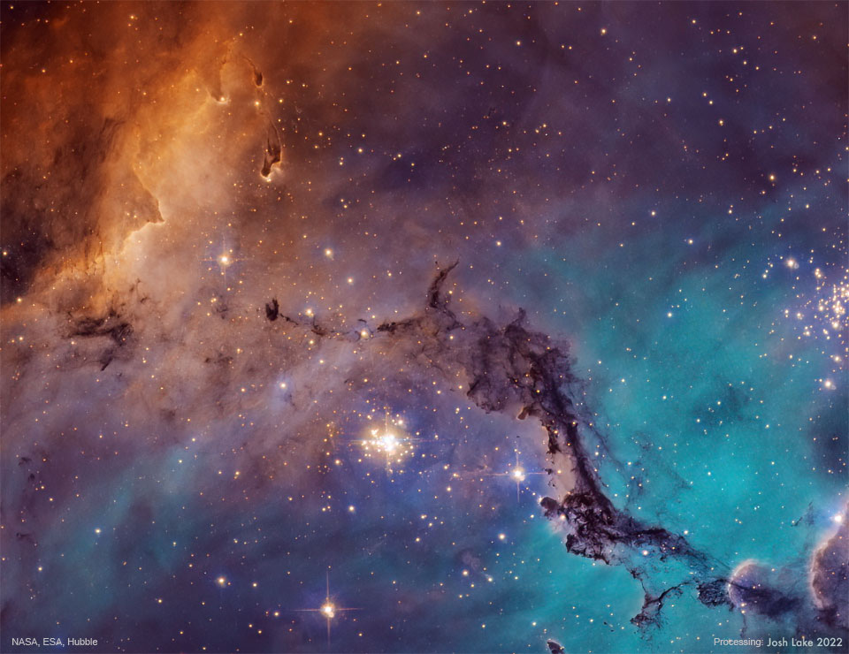 特色图片显示了出现在大麦哲伦星云中的暗星云 N11——我们银河系的卫星星系。请参阅说明以获取更多详细信息。