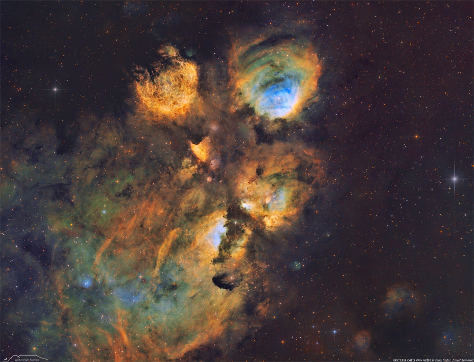 特色图片展示了猫爪星云，这是一个发射星云，编号为 NGC 6634。星云以类似于著名的哈勃调色板的指定科学颜色显示。请参阅说明以获取更多详细信息。