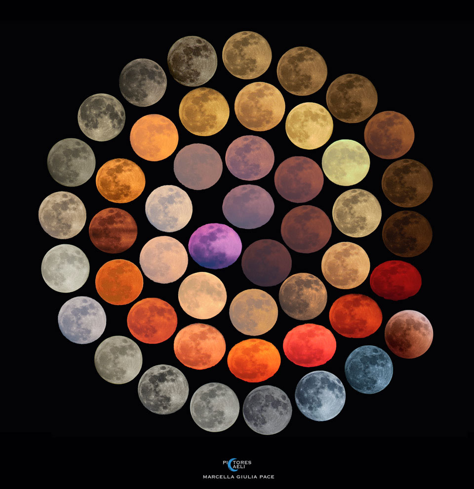 这张特色图片展示了许多满月出现在地球上的图像。图像的颜色从红色到黄色到棕色和蓝色。请参阅说明以获取更多详细信息。