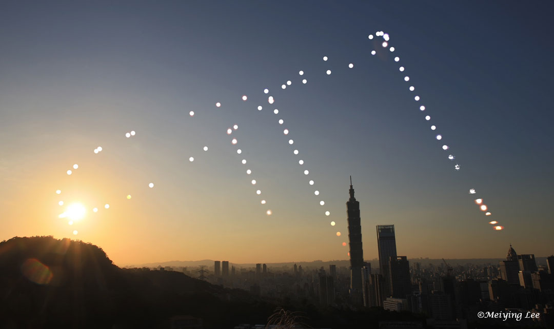 特色图像显示了太阳在下午晚些时候出现的许多位置。前景是这座城市的天际线，包括世界最高建筑之一的台北101。请参阅说明以获取更多详细信息。