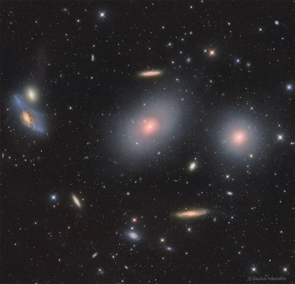 特色图片显示了室女星系团的中心部分，包括标记为M84、M86和马卡莱恩之眼的明亮星系。请参阅说明以获取更多详细信息。