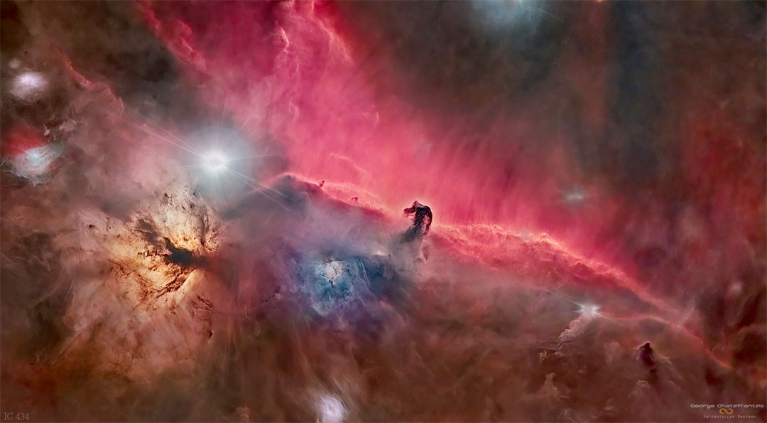 特色图片展示了猎户座著名的马头星云，这是一个叠加在发光气体上的暗尘埃图形。请参阅说明以获取更多详细信息。