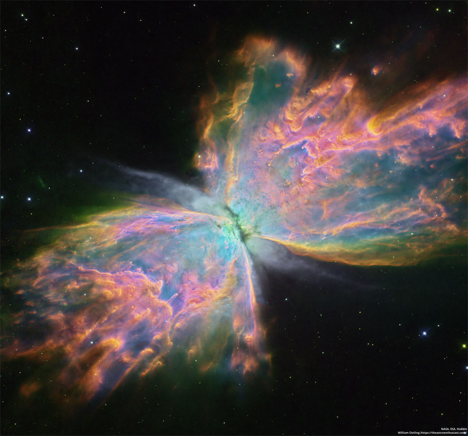 这张特色图片显示了哈勃望远镜拍摄的蝴蝶星云。由于数字化处理器使用了一幅广阔的彩色地图，星云看起来非常丰富多彩。有关详细信息，请参阅说明。