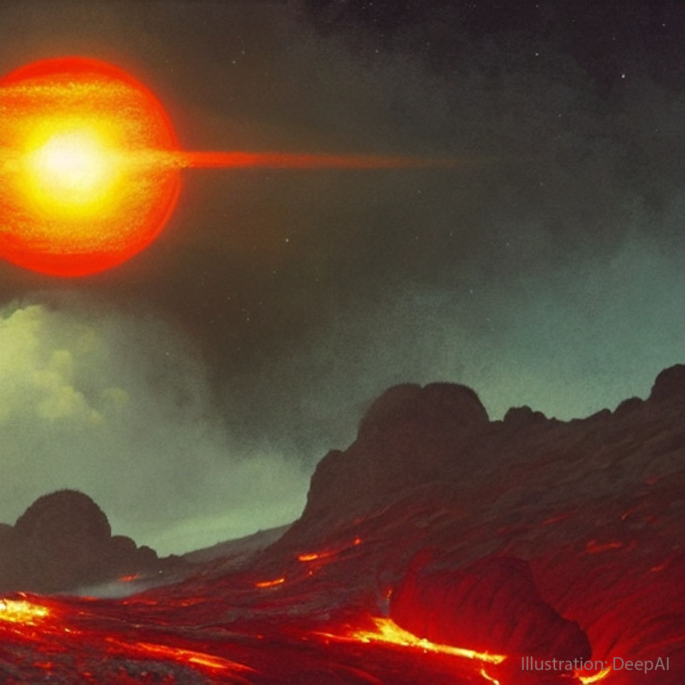 图片显示了红色熔岩流和黑暗悬崖的行星表面。在背景中看到一颗红星。有关更多详细信息，请参阅说明。