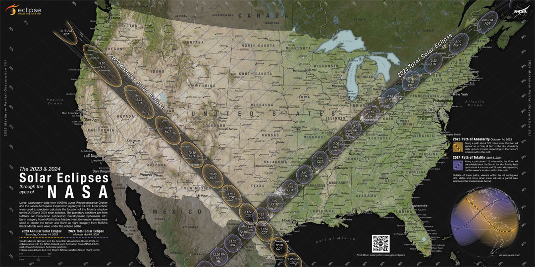 一幅美国地图显示了两次日食中最黑暗的路径，用深色表示。有关更多详细信息，请参阅解释。