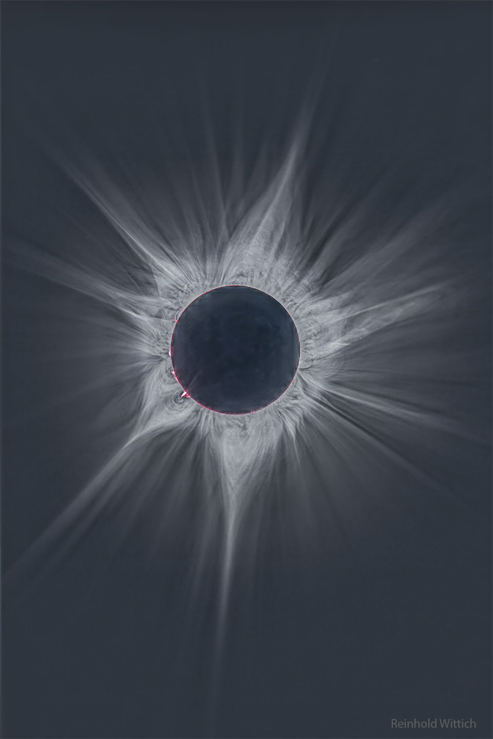 2023年4月日全食期间太阳周围日冕的深层图像。中央圆盘是黑暗的，可以看到许多明亮而复杂的射线向外延伸。在太阳的边缘可以看到一些热粉红色的环状日珥。有关更多详细信息，请参阅说明。