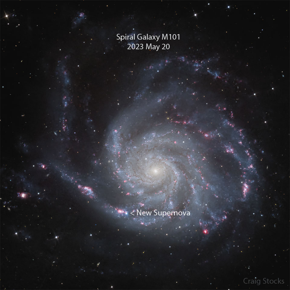 图中显示了一个庞大的螺旋星系，在图像底部附近可以看到一个新的亮点。这个亮点是最近发现的超新星。翻转图像显示了上个月拍摄的同一个星系，但没有发现新的超新星点。有关更多详细信息，请参阅说明。