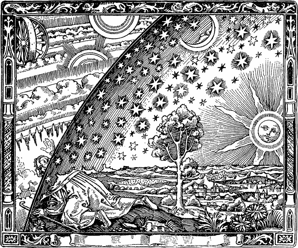 一幅黑白线条画描绘了一个人凝视着一个球形房间外更大的宇宙。有关更多详细信息，请参阅说明。