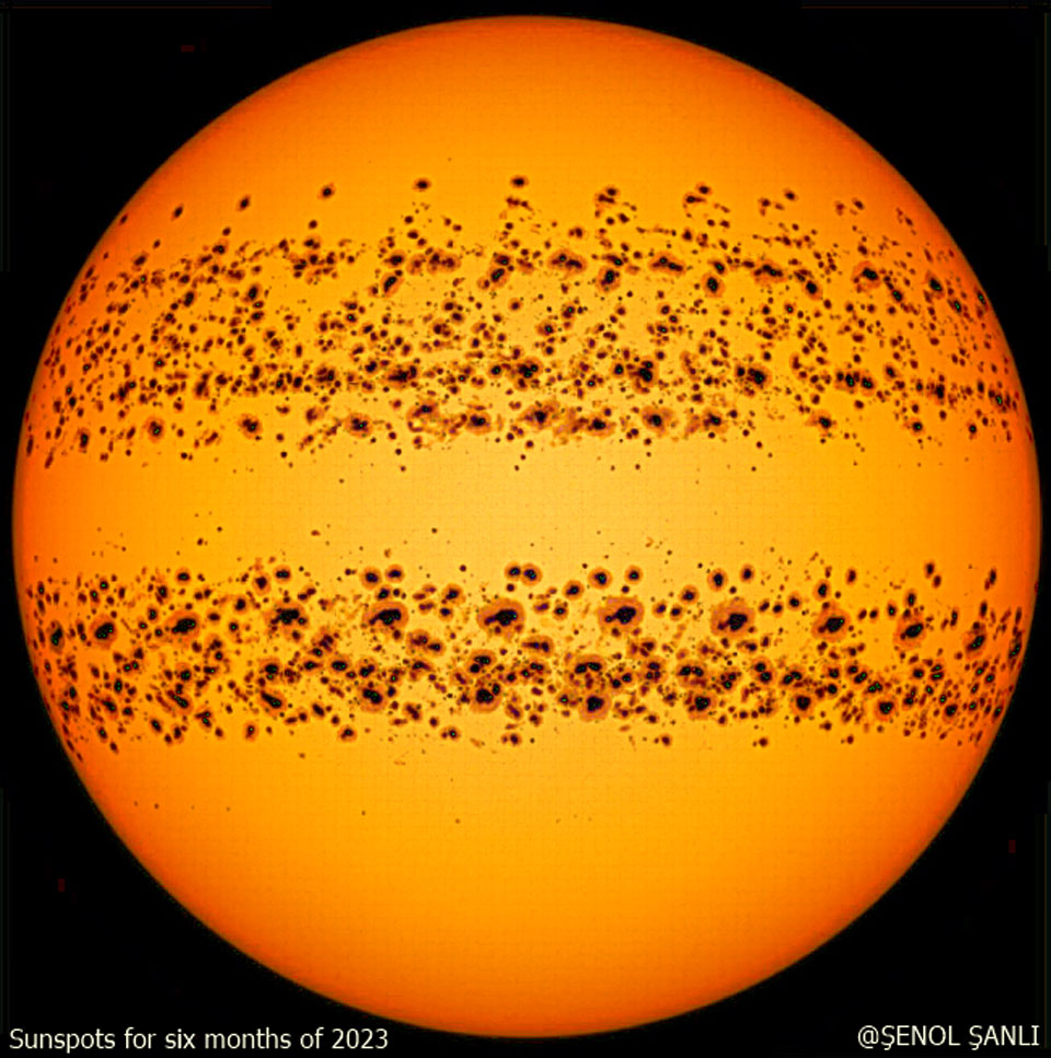 我们的太阳有数百个黑色的太阳黑子。这张图片实际上是今年上半年所有可见的太阳黑子的合成图。有关更多详细信息，请参阅说明。