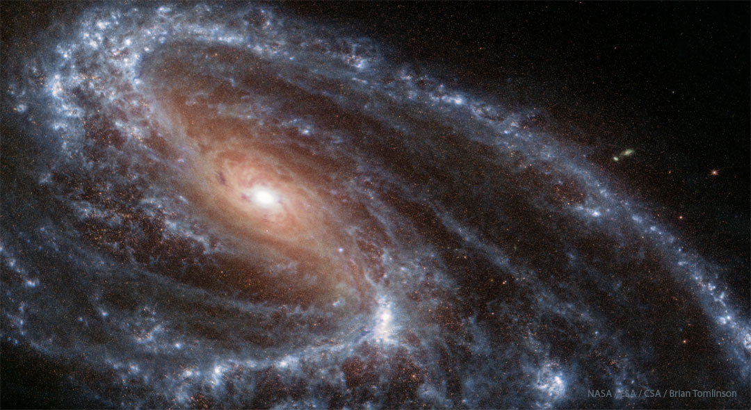 这是詹姆斯·韦伯太空望远镜在红外线下拍摄的旋涡星系M66。在星系中可以看到一个红褐色的中心，周围环绕着蓝色的旋臂。仔细观察就会发现这些旋臂并不对称。有更多关详细信息，请参阅说明。