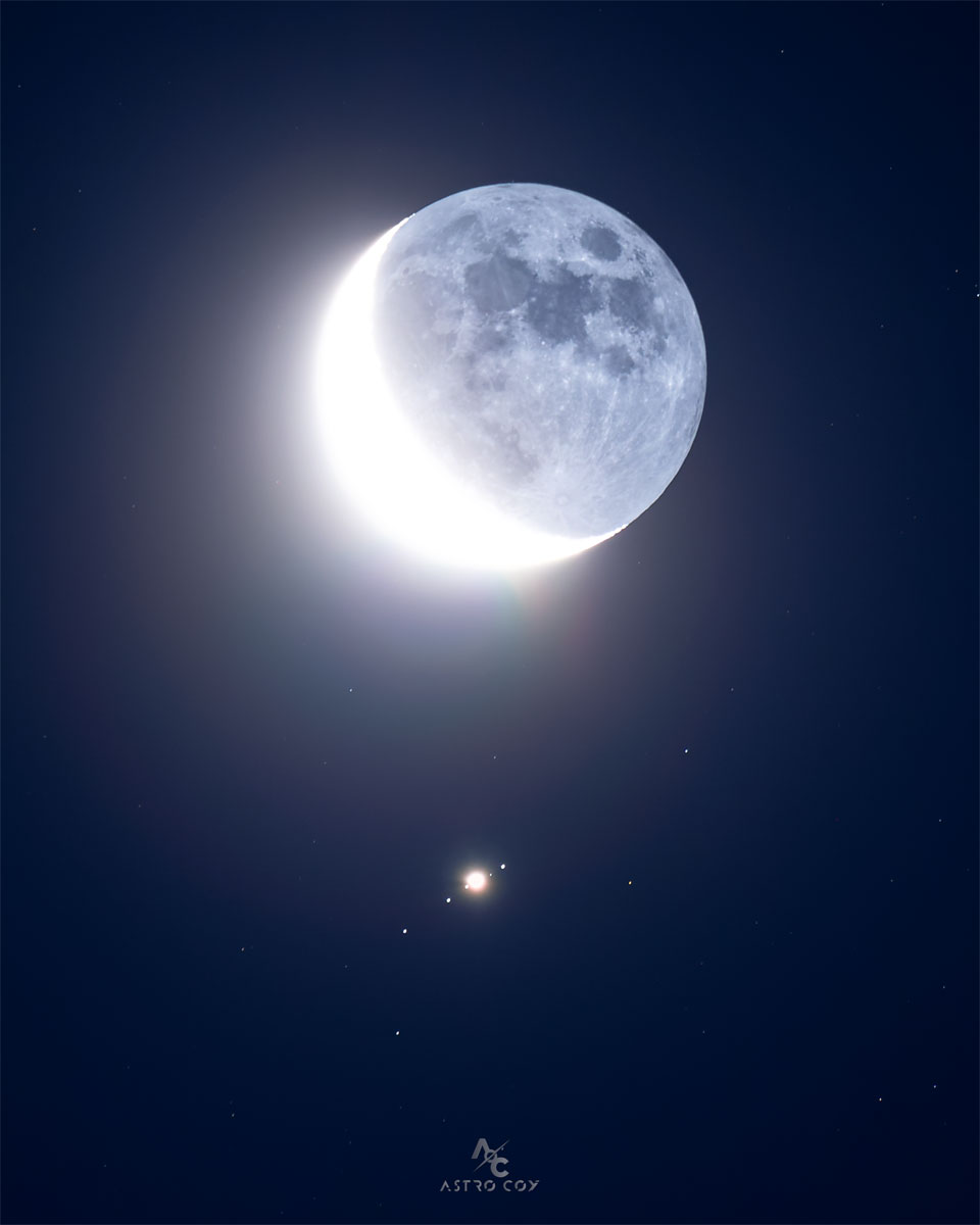 地月处于新月相，位于图像中心上方。正下方是一个亮点，周围还有四个亮点，它们都是木星的卫星。有关更多详细信息，请参阅说明。
