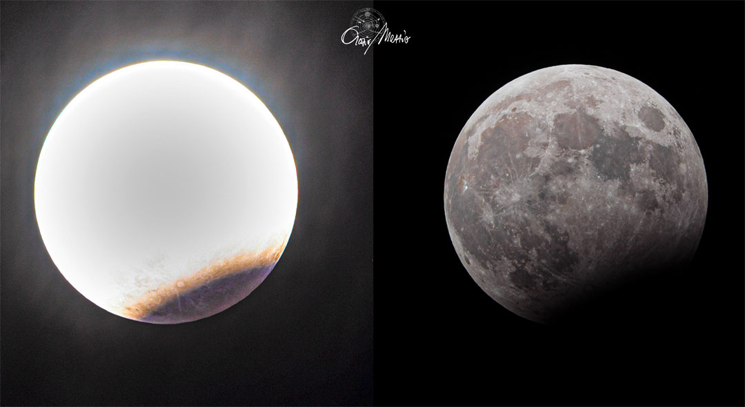 这是两张月偏食的照片。左边的图像除了右下角可以看到月食的部分外，其他地方都曝光过度。在右侧图像中，大部分图像正常曝光，但右下部分较暗。有关更多详细信息，请参阅说明。