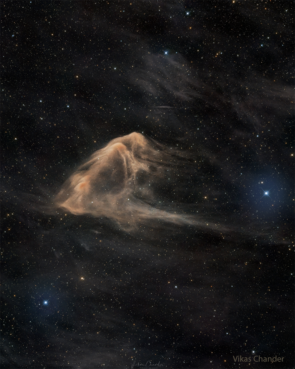 在黑暗的星野上可以看到浅棕色的星云。星云的轮廓使它看起来像一条鹰魟。有关更多详细信息，请参阅说明。
