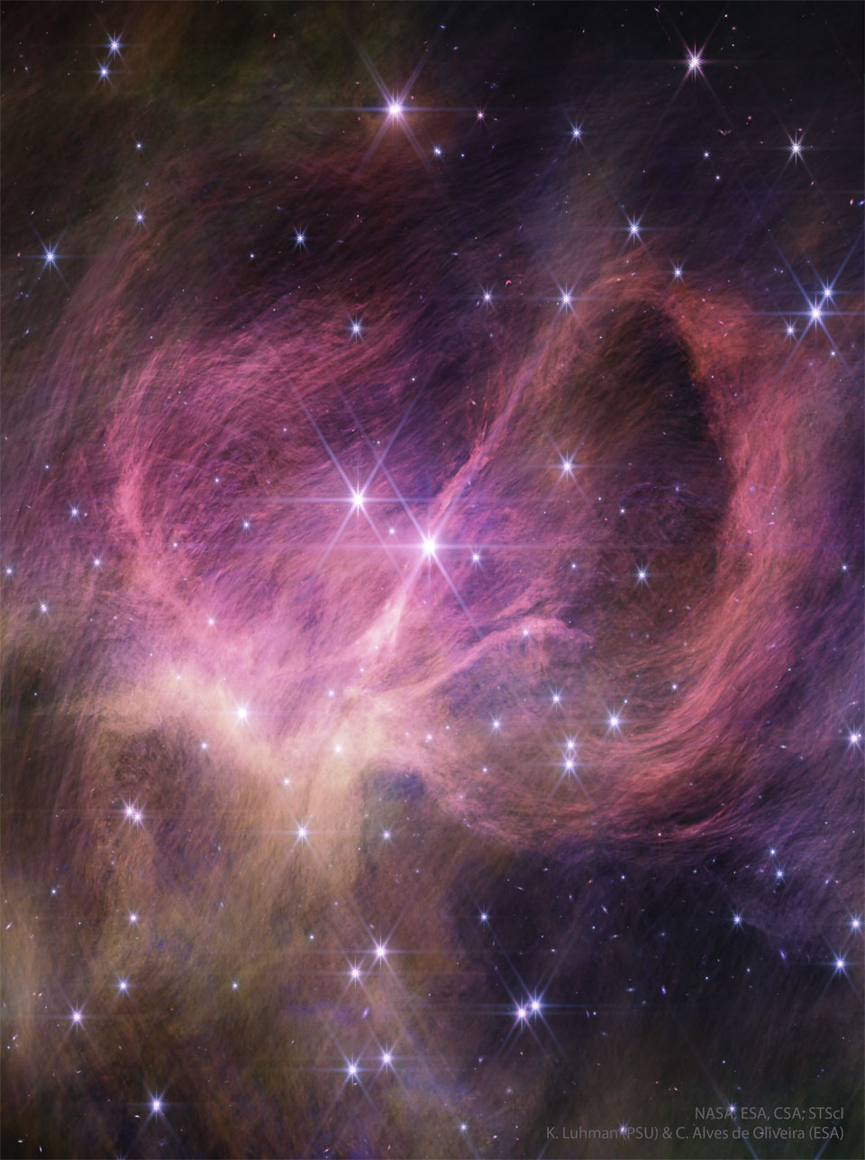 图中显示了一个星团以及周围的星云气体和尘埃。在红外光下显示为粉红色，尘埃缠绕在星云中心，本身看起来由许多更细的细丝组成。有关更多详细信息，请参阅说明。