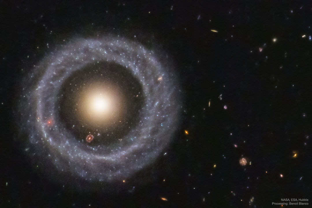 在一个由小型背景星系组成的暗场中，可以看到一个由蓝色恒星组成的近乎完美的圆形星环。圆环的中心是一个由黄色恒星组成的球。有关更多详细信息，请参阅说明。