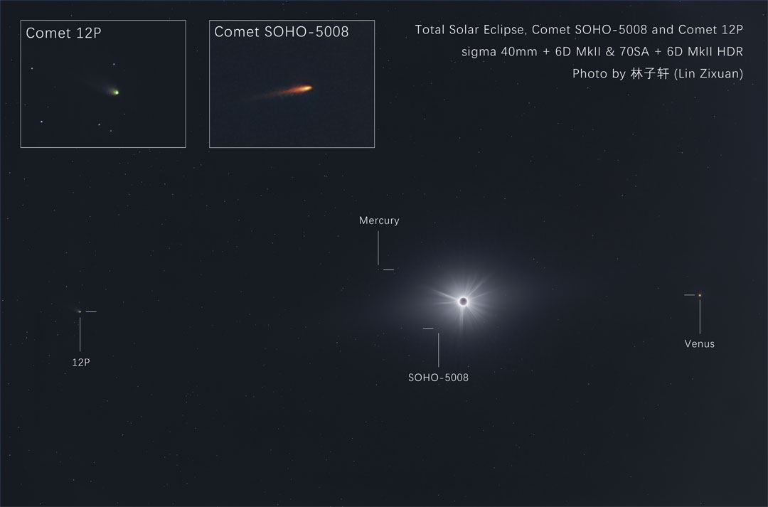 中央显示的是2024年4月8日的日全食。另外还可以看到两颗彗星和两颗行星，分别被标记为12P、水星、SOHO-5008和金星。这两颗彗星在两幅插图中以展开的形式显示在顶部。有关更多详细信息，请参阅说明。