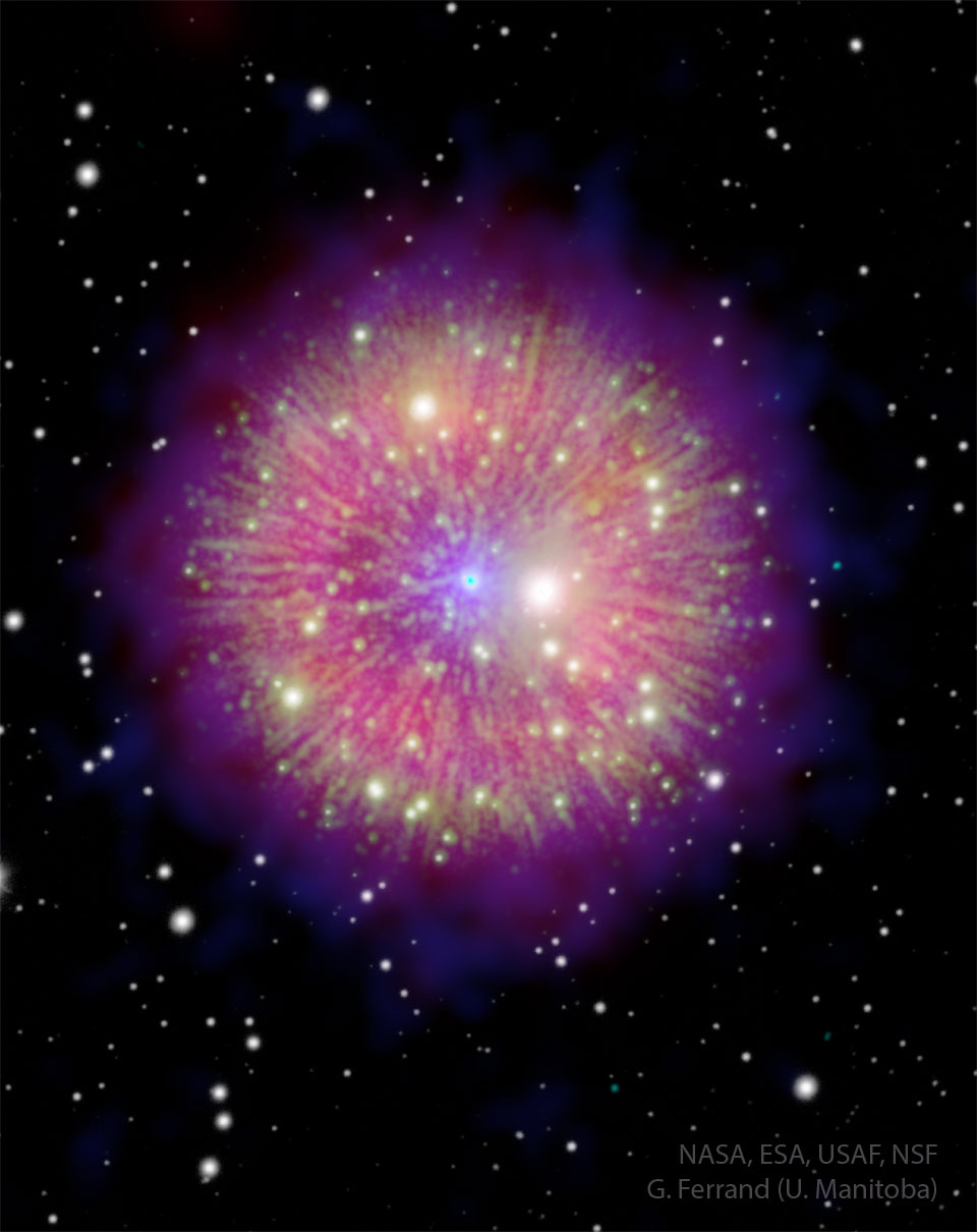 图中显示的星云看起来像烟花。放射状细丝将一个发光的光晕与中心的一颗恒星连接起来，该恒星显示为蓝点。有关更多详细信息，请参阅说明。